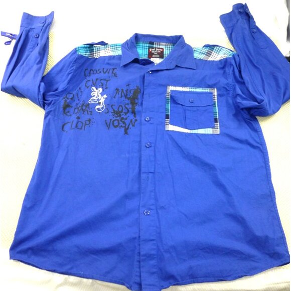 Tool Jeans Other - Tool Jeans Mens 4XL Blue Plaid Patchwork Long Sleeve Shirt With Graffiti Print